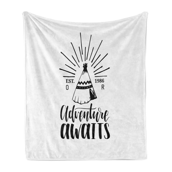 Saying Soft Flannel Fleece Blanket, Adventure Theme Prehistoric Culture Style Tent with Typography Wigwam Illustration, Cozy Plush for Indoor and Outdoor Use, 50" x 70", White Black, by Ambesonne