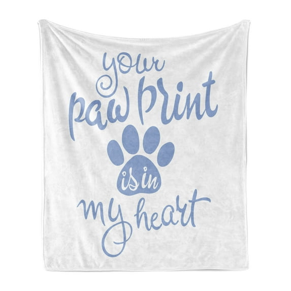 Saying Soft Flannel Fleece Blanket, Animal Lovers Concept Your Paw Print is in My Heart Message with Paw Print, Cozy Plush for Indoor and Outdoor Use, 70" x 90", Ceil Blue and White, by Ambesonne