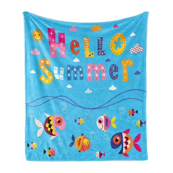 Saying Soft Flannel Fleece Blanket, Colored Welcoming Hello Words Print with Patchwork Style Sea Fish and Clouds Image, Cozy Plush for Indoor and Outdoor Use, 50" x 60", Multicolor, by Ambesonne