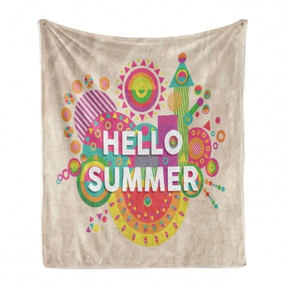 Saying Soft Flannel Fleece Blanket, Hello Summer Colorful Typography Print Holiday and Vacation Theme Geometric Design, Cozy Plush for Indoor and Outdoor Use, 50" x 60", Multicolor, by Ambesonne