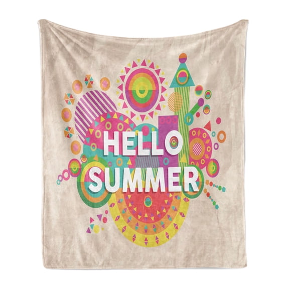 Saying Soft Flannel Fleece Blanket, Hello Summer Colorful Typography Print Holiday and Vacation Theme Geometric Design, Cozy Plush for Indoor and Outdoor Use, 70" x 90", Multicolor, by Ambesonne