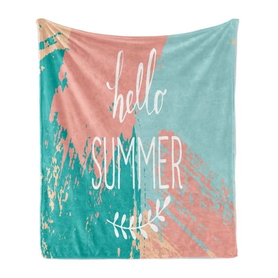 Saying Soft Flannel Fleece Blanket, Hello Summer Lettering Image with Splash Colored Like Background Work of Art Print, Cozy Plush for Indoor and Outdoor Use, 60" x 80", Multicolor, by Ambesonne