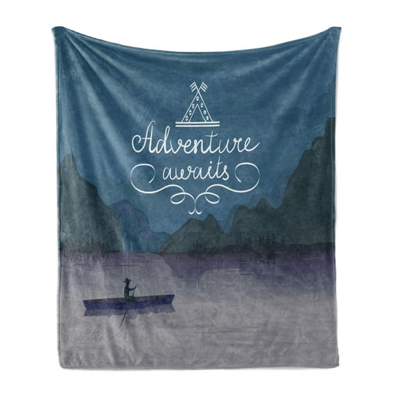 Saying Soft Flannel Fleece Blanket, Kayak in a Mountain Lake at Night Camping Activity Lifestyle Adventure Words, Cozy Plush for Indoor and Outdoor Use, 70" x 90", Purple Grey Teal, by Ambesonne