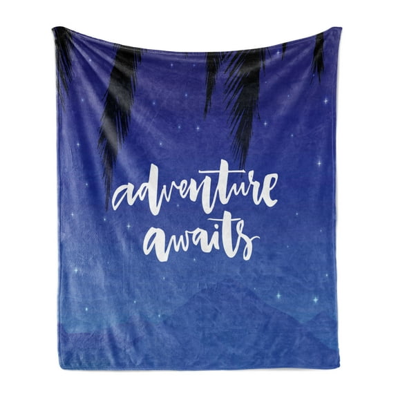Saying Soft Flannel Fleece Blanket, Lettering About Travel Adventure and Vacation with Stars Night Sky Print, Cozy Plush for Indoor and Outdoor Use, 50" x 60", Violet Blue and White, by Ambesonne