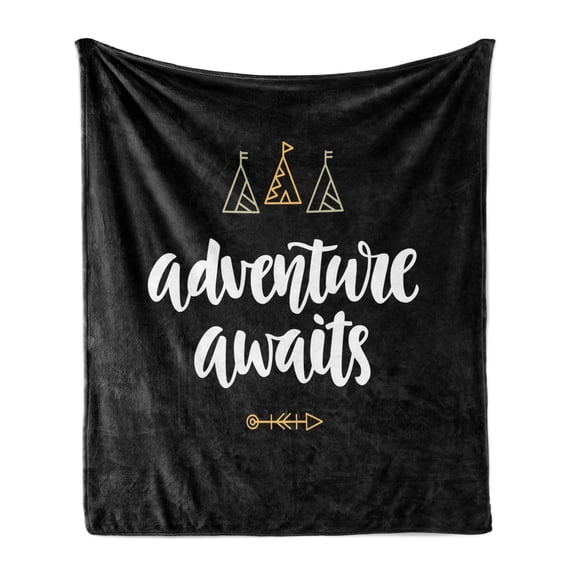 Saying Soft Flannel Fleece Blanket, Modern Calligraphy with Doodle Tents Tribal Elements Boho Adventure Theme, Cozy Plush for Indoor and Outdoor Use, 50" x 70", Pale Orange and White, by Ambesonne