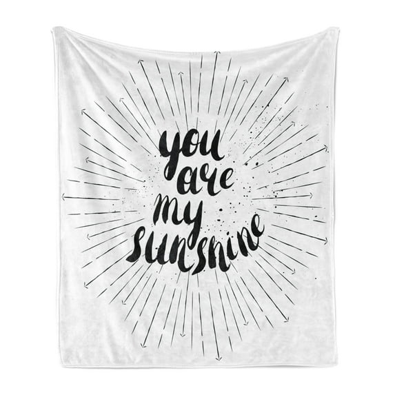 Saying Soft Flannel Fleece Blanket, Monochrome You are My Sunshine Words Valetines Day Theme with Starburst Lines, Cozy Plush for Indoor and Outdoor Use, 70" x 90", Black and White, by Ambesonne
