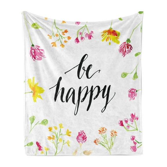 Saying Soft Flannel Fleece Blanket, Positive Vibes Spring Revival Floral Be Happy Phrase Framed by Colorful Wild Flowers, Cozy Plush for Indoor and Outdoor Use, 50" x 70", Multicolor, by Ambesonne