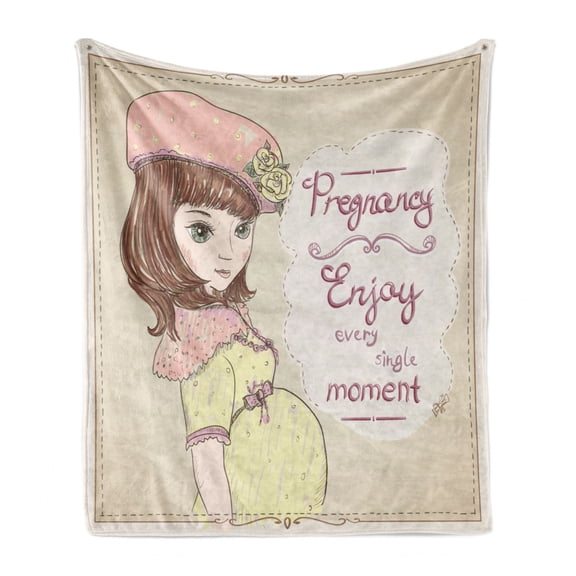 Saying Soft Flannel Fleece Blanket, Pregnancy Enjoy Every Single Moment Clipart Pregnant Woman Dress Hat, Cozy Plush for Indoor and Outdoor Use, 70" x 90", Eggshell Pink Multicolor, by Ambesonne