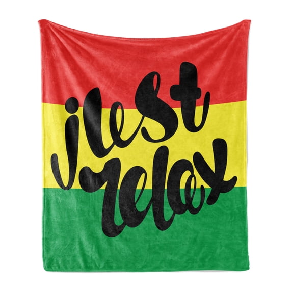 Saying Soft Flannel Fleece Blanket, Rastafarian Design Just Relax Message on Vermilion Yellow and Green Stripe Backdrop, Cozy Plush for Indoor and Outdoor Use, 60" x 80", Multicolor, by Ambesonne