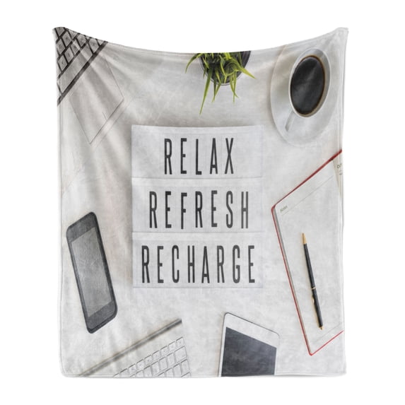 Saying Soft Flannel Fleece Blanket, Relax Refresh and Recharge on Office Table with Computer Coffee Notepad Illustration, Cozy Plush for Indoor and Outdoor Use, 50" x 60", Multicolor, by Ambesonne