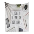 thumbnail image 1 of Saying Soft Flannel Fleece Blanket, Relax Refresh and Recharge on Office Table with Computer Coffee Notepad Illustration, Cozy Plush for Indoor and Outdoor Use, 70" x 90", Multicolor, by Ambesonne, 1 of 6