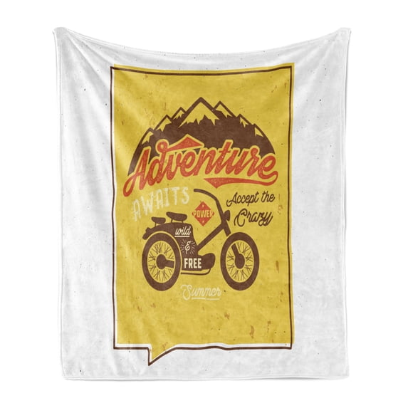 Saying Soft Flannel Fleece Blanket, Retro Poster with Wild and Free Words Motorbike Mountains Summer Graphic, Cozy Plush for Indoor and Outdoor Use, 60" x 80", Mustard Brown and Red, by Ambesonne