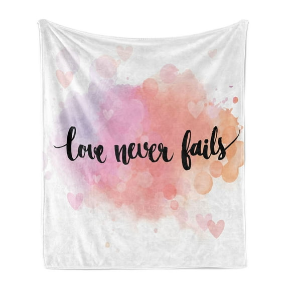 Saying Soft Flannel Fleece Blanket, Romantic Phrase About Love and Friendship Love Never Fails Bokeh Effect Background, Cozy Plush for Indoor and Outdoor Use, 50" x 70", Multicolor, by Ambesonne