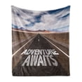 thumbnail image 1 of Saying Soft Flannel Fleece Blanket, Typography on the Asphalt Clouds and Sky Road Trip Theme Adventure Concept, Cozy Plush for Indoor and Outdoor Use, 50" x 60", Brown Blue and White, by Ambesonne, 1 of 6