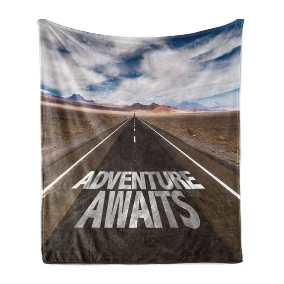 Saying Soft Flannel Fleece Blanket, Typography on the Asphalt Clouds and Sky Road Trip Theme Adventure Concept, Cozy Plush for Indoor and Outdoor Use, 60" x 80", Brown Blue and White, by Ambesonne
