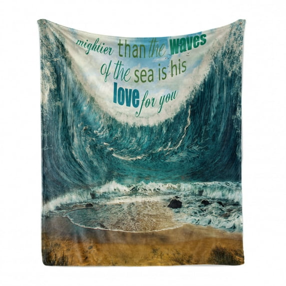Saying Soft Flannel Fleece Blanket, Valentines Day Themed Composition Love Message and Waves at the Ocean Illustration, Cozy Plush for Indoor and Outdoor Use, 50" x 60", Multicolor, by Ambesonne