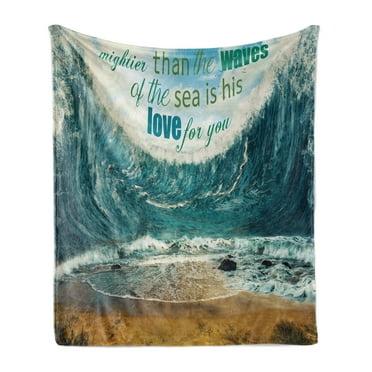Saying Soft Flannel Fleece Blanket, Valentines Day Themed Composition Love Message and Waves at the Ocean Illustration, Cozy Plush for Indoor and Outdoor Use, 70" x 90", Multicolor, by Ambesonne