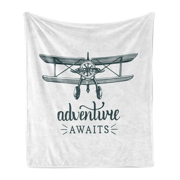 Saying Soft Flannel Fleece Blanket, Vintage Airplane Design with Freedom Message Flying Aircraft Adventure, Cozy Plush for Indoor and Outdoor Use, 60" x 80", Dark Petrol Blue White, by Ambesonne