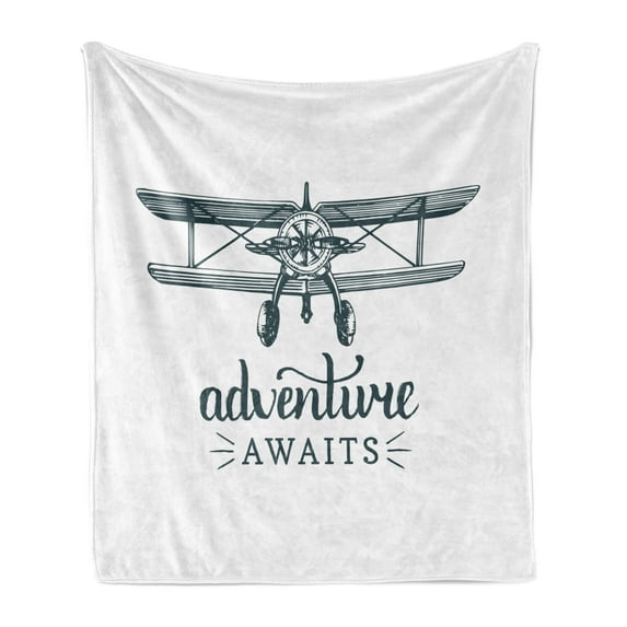 Saying Soft Flannel Fleece Blanket, Vintage Airplane Design with Freedom Message Flying Aircraft Adventure, Cozy Plush for Indoor and Outdoor Use, 60" x 80", Dark Petrol Blue White, by Ambesonne