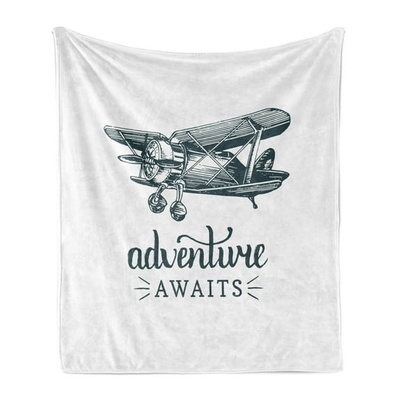 Saying Soft Flannel Fleece Blanket, Vintage Airplane with Typography Aviation and Adventure Theme Print, Cozy Plush for Indoor and Outdoor Use, 50" x 60", Dark Petrol Blue and White, by Ambesonne