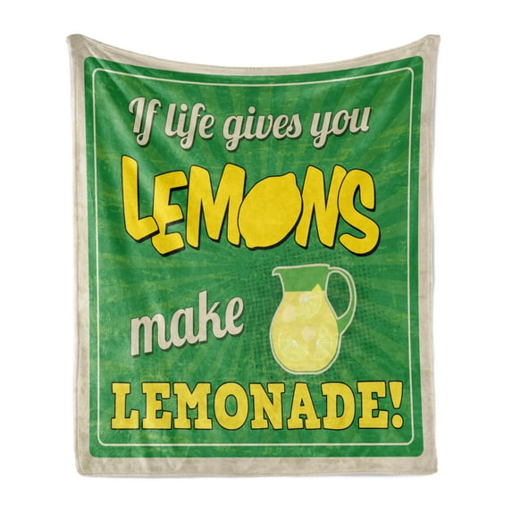 Saying Soft Flannel Fleece Blanket, Vintage Pop Art Advertising Design If Life Gives You Lemon Make Lemonade, Cozy Plush for Indoor and Outdoor Use, 50" x 70", Green Yellow and Tan, by Ambesonne