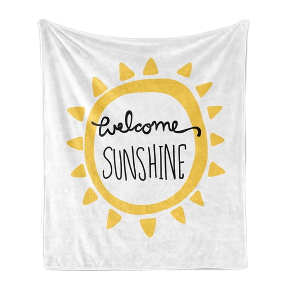 Saying Soft Flannel Fleece Blanket, Welcome Sunshine on Sun Simplistic Typographic Composition Modern Art, Cozy Plush for Indoor and Outdoor Use, 50" x 60", Yellow and Charcoal Grey, by Ambesonne