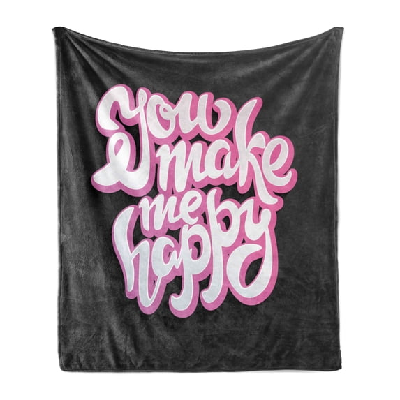 Saying Soft Flannel Fleece Blanket, You Make Me Happy Hand Lettered Brush Script Style Phrase Vintage Text, Cozy Plush for Indoor and Outdoor Use, 50" x 70", Charcoal Grey Pink White, by Ambesonne