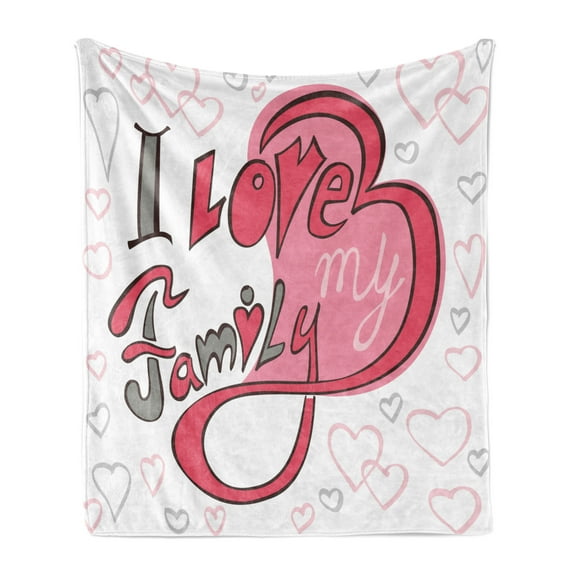 Saying Soft Flannel Fleece Throw Blanket, Abstract Design Hearts I Love My Family Swirled Shaped Cartoon Like, Cozy Plush for Indoor and Outdoor Use, 50" x 60", Pink Grey White, by Ambesonne