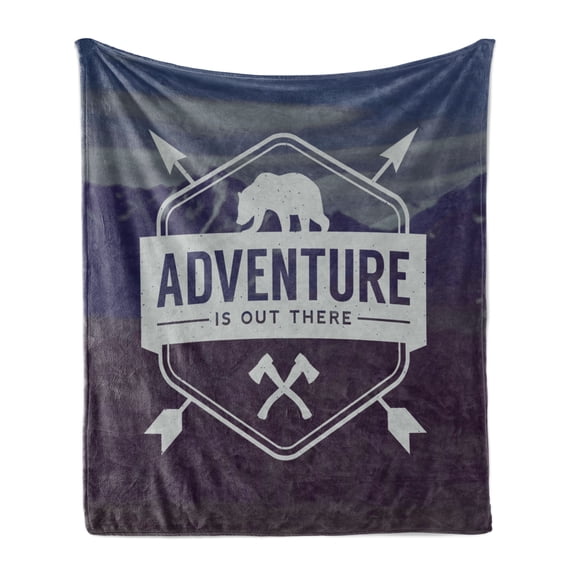 Saying Soft Flannel Fleece Throw Blanket, Adventure Logo a Words Hatchets and Bear Mountain Landscape, Cozy Plush for Indoor and Outdoor Use, 50" x 70", Stale Blue, by Ambesonne
