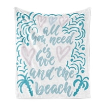 Saying Soft Flannel Fleece Throw Blanket, All You Need is Love and the Beach Message with Wavy Lines Pattern, Cozy Plush for Indoor and Outdoor Use, 60" x 80", Baby Pink Pale Blue, by Ambesonne