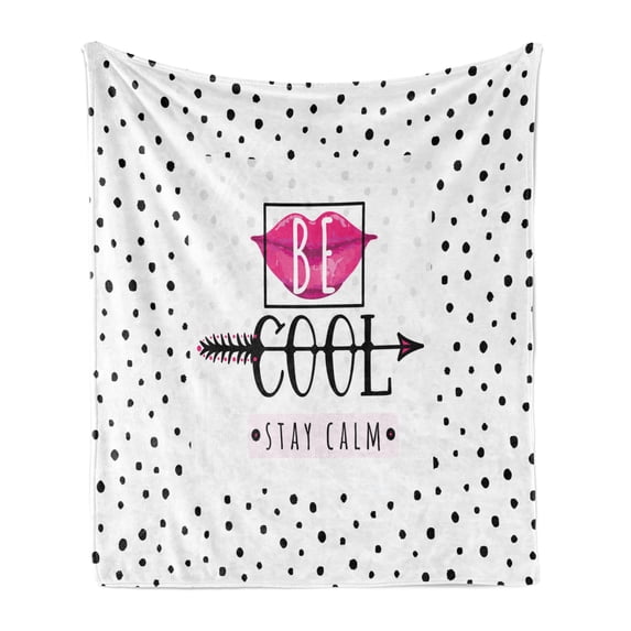 Saying Soft Flannel Fleece Throw Blanket, Be Cool Stay Calm Typography Colored Woman Lips Arrow, Cozy Plush for Indoor and Outdoor Use, 50" x 60", Magenta Charcoal Grey, by Ambesonne