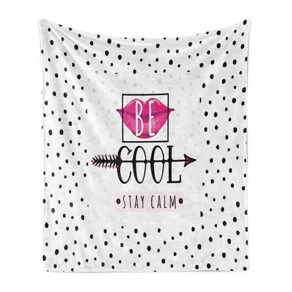 Saying Soft Flannel Fleece Throw Blanket, Be Cool Stay Calm Typography Colored Woman Lips Arrow, Cozy Plush for Indoor and Outdoor Use, 50" x 70", Magenta Charcoal Grey, by Ambesonne
