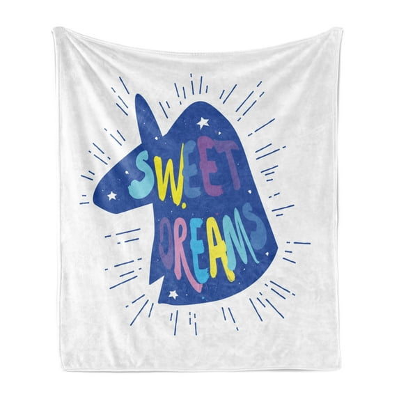 Saying Soft Flannel Fleece Throw Blanket, Blue Silhouette of Unicorn Head with Stars and Lettering Text Mythical Cartoon, Cozy Plush for Indoor and Outdoor Use, 50" x 60", Multicolor, by Ambesonne