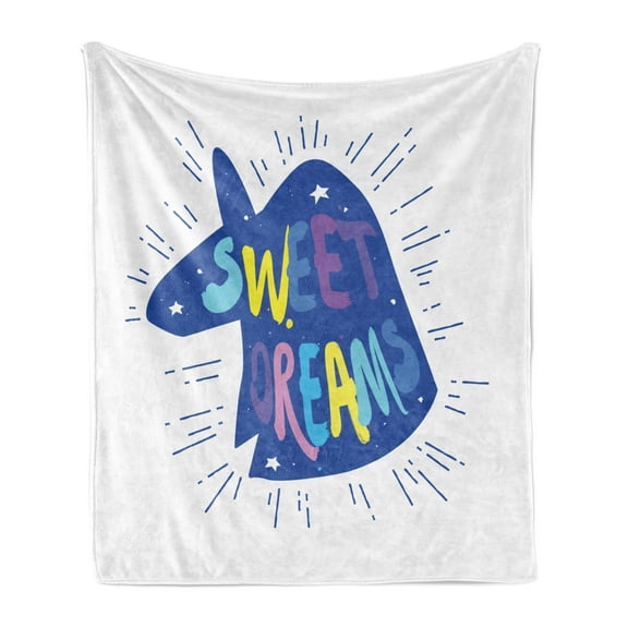 Saying Soft Flannel Fleece Throw Blanket, Blue Silhouette of Unicorn Head with Stars and Lettering Text Mythical Cartoon, Cozy Plush for Indoor and Outdoor Use, 60" x 80", Multicolor, by Ambesonne