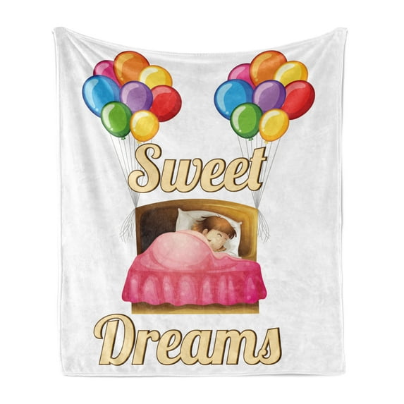 Saying Soft Flannel Fleece Throw Blanket, Cartoon Girl Sleeping in Bed with Colorful Balloons Night Time Illustration, Cozy Plush for Indoor and Outdoor Use, 60" x 80", Multicolor, by Ambesonne