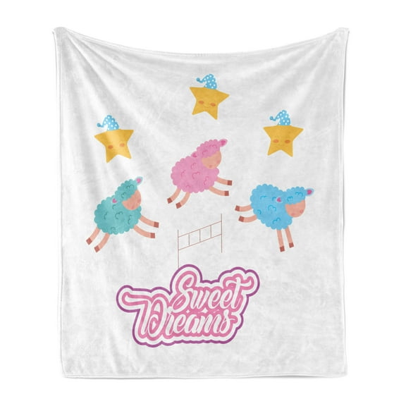 Saying Soft Flannel Fleece Throw Blanket, Cartoon Sheep Jumping over Fences Colorful Farm Animal Design with Sleep Theme, Cozy Plush for Indoor and Outdoor Use, 50" x 70", Multicolor, by Ambesonne