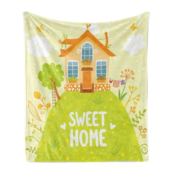 Saying Soft Flannel Fleece Throw Blanket, Cartoon Style Cottage Hut on Green Hilltop with Flourishing Garden Morning, Cozy Plush for Indoor and Outdoor Use, 50" x 70", Multicolor, by Ambesonne