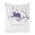 thumbnail image 1 of Saying Soft Flannel Fleece Throw Blanket, Cat Sitting on a Tree Branch Crescent Moon Stars Circles and Triangles Bedtime, Cozy Plush for Indoor and Outdoor Use, 50" x 70", Violet White, by Ambesonne, 1 of 5