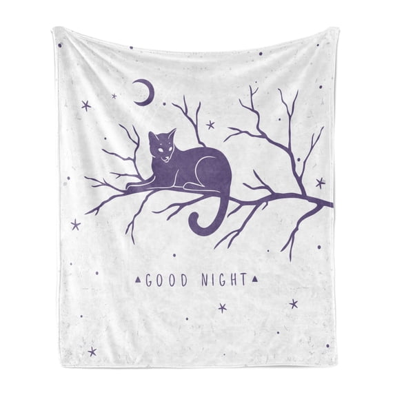 Saying Soft Flannel Fleece Throw Blanket, Cat Sitting on a Tree Branch Crescent Moon Stars Circles and Triangles Bedtime, Cozy Plush for Indoor and Outdoor Use, 50" x 70", Violet White, by Ambesonne