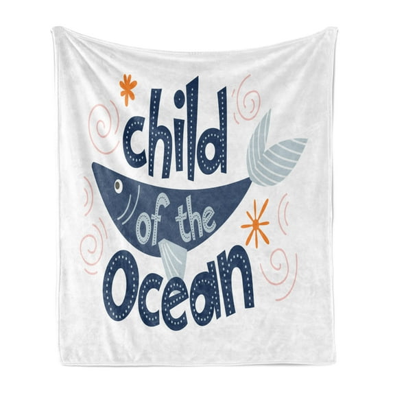Saying Soft Flannel Fleece Throw Blanket, Child of the Ocean with a Fish Motif and Spirals, Cozy Plush for Indoor and Outdoor Use, 50" x 70", Dark Blue White, by Ambesonne