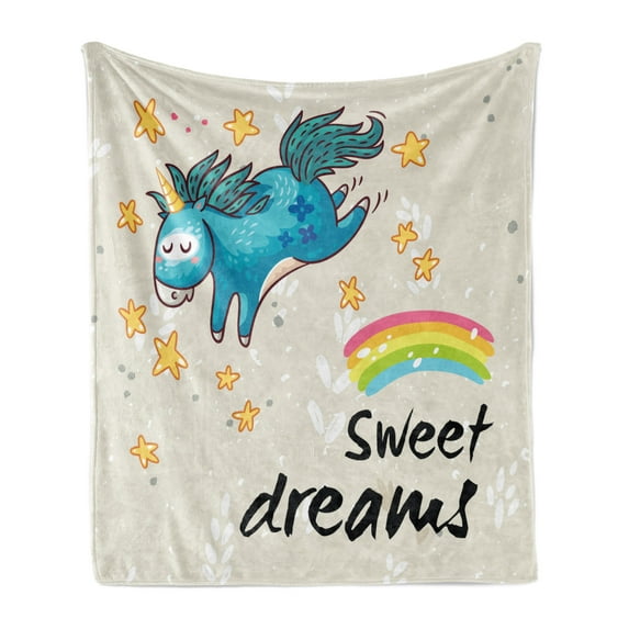 Saying Soft Flannel Fleece Throw Blanket, Childish Composition with Unicorn Doodle Style Stars and Rainbow, Cozy Plush for Indoor and Outdoor Use, 60" x 80", Multicolor, by Ambesonne