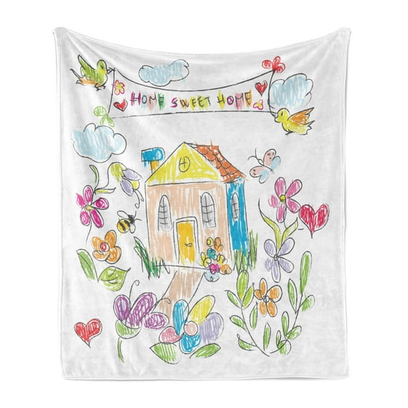Saying Soft Flannel Fleece Throw Blanket, Childish Doodle Artwork with Colorful Chalk Style Painting Flowers Birds, Cozy Plush for Indoor and Outdoor Use, 50" x 70", Multicolor, by Ambesonne