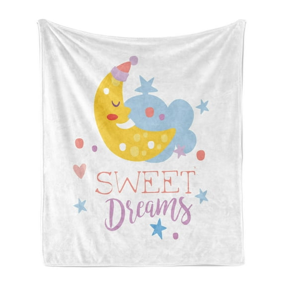 Saying Soft Flannel Fleece Throw Blanket, Colorful Illustration with Hand Lettering Words with Stars and Crescent Moon, Cozy Plush for Indoor and Outdoor Use, 50" x 70", Multicolor, by Ambesonne