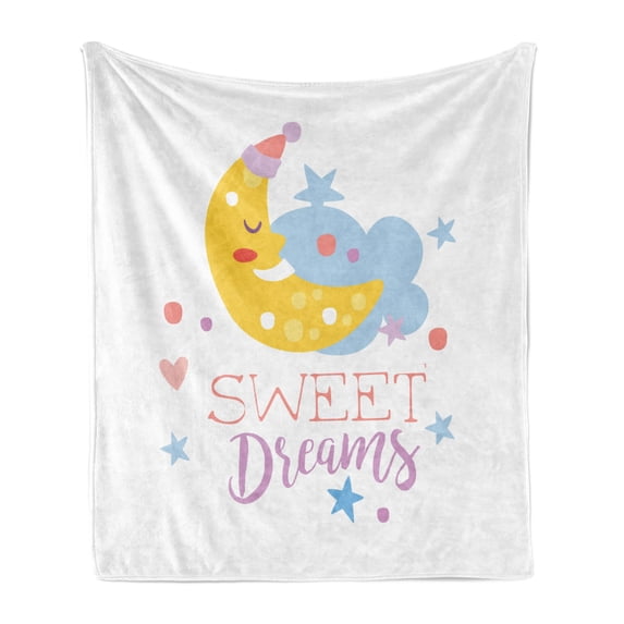 Saying Soft Flannel Fleece Throw Blanket, Colorful Illustration with Hand Lettering Words with Stars and Crescent Moon, Cozy Plush for Indoor and Outdoor Use, 70" x 90", Multicolor, by Ambesonne