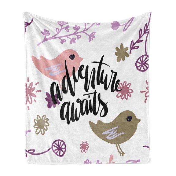 Saying Soft Flannel Fleece Throw Blanket, Colorful Pattern of Sketchy Birds Flowers and Plants with Adventure Calligraphy, Cozy Plush for Indoor and Outdoor Use, 70" x 90", Multicolor, by Ambesonne