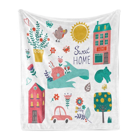 Saying Soft Flannel Fleece Throw Blanket, Composition of Cartoon Elements Flowers Animals Apartments Car Tree, Cozy Plush for Indoor and Outdoor Use, 70" x 90", Multicolor, by Ambesonne