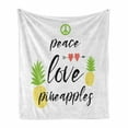 thumbnail image 1 of Saying Soft Flannel Fleece Throw Blanket, Cursive Calligraphy of Peace Love Pineapples Lettering with Pictogram Image, Cozy Plush for Indoor and Outdoor Use, 50" x 60", Multicolor, by Ambesonne, 1 of 6