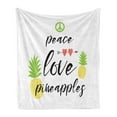thumbnail image 1 of Saying Soft Flannel Fleece Throw Blanket, Cursive Calligraphy of Peace Love Pineapples Lettering with Pictogram Image, Cozy Plush for Indoor and Outdoor Use, 60" x 80", Multicolor, by Ambesonne, 1 of 5