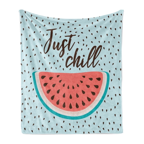 Saying Soft Flannel Fleece Throw Blanket, Doodle Illustration of Just Chill Typography with Watermelon Slices, Cozy Plush for Indoor and Outdoor Use, 50" x 60", Multicolor, by Ambesonne