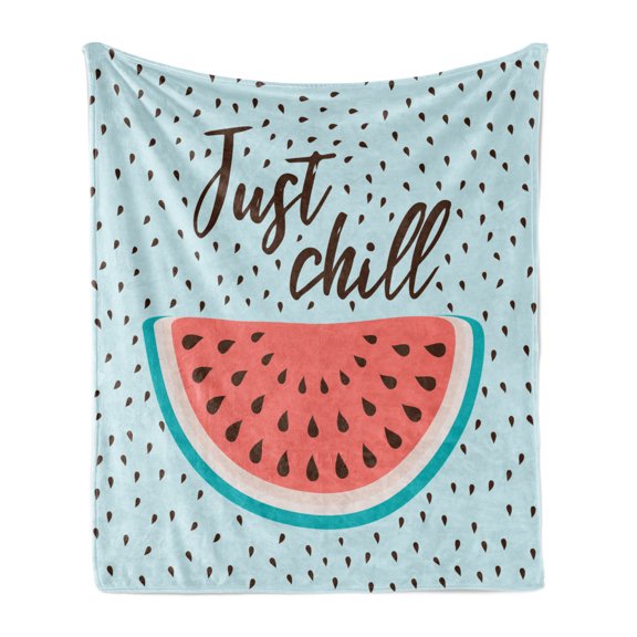 Saying Soft Flannel Fleece Throw Blanket, Doodle Illustration of Just Chill Typography with Watermelon Slices, Cozy Plush for Indoor and Outdoor Use, 60" x 80", Multicolor, by Ambesonne